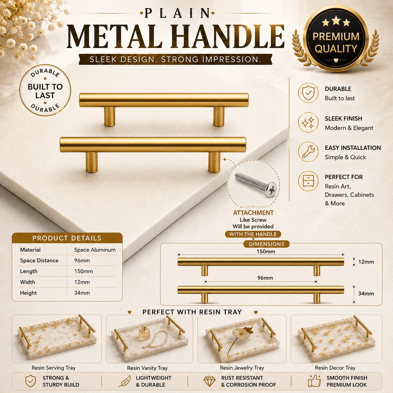 6" Gold Plain Metal Handle