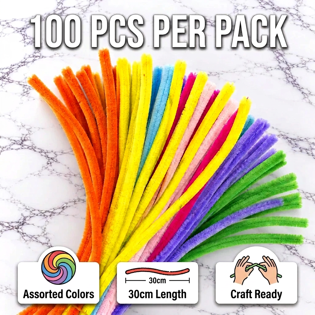 Rainbow Mix Chenille Pipe Cleaners 12MM - Pack of 100 Pcs