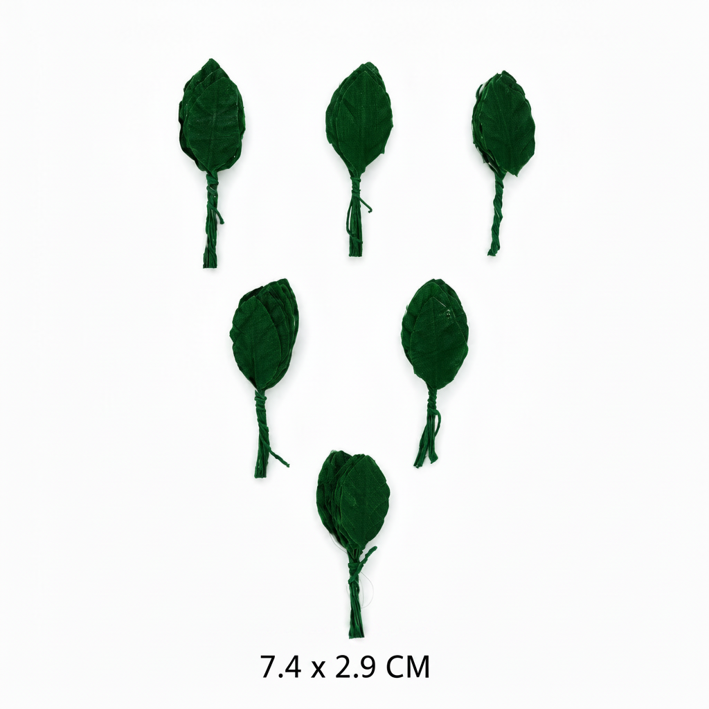 Five dark green fabric leaf ornaments with attached strings, arranged on a plain white background.