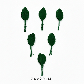 Five dark green fabric leaf ornaments with attached strings, arranged on a plain white background.