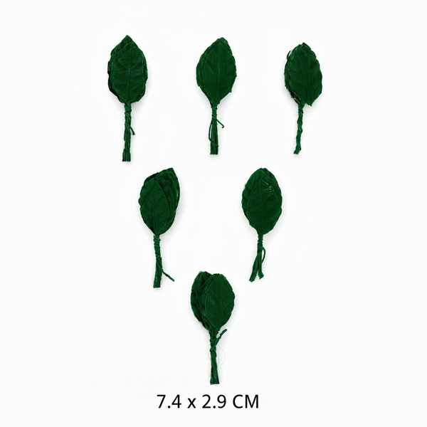 Five dark green fabric leaf ornaments with attached strings, arranged on a plain white background.
