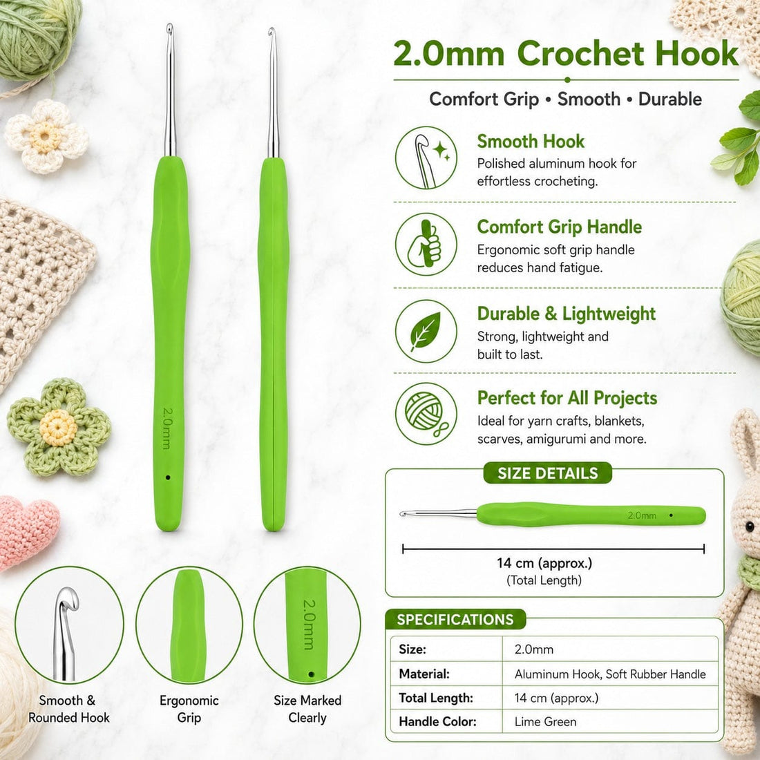 GENERIC 2.0 Mm Crochet Hook With Soft Ergonomic Grip Handle – 14 Cm, Pack Of 10 Pieces