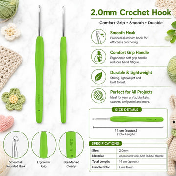 GENERIC 2.0 Mm Crochet Hook With Soft Ergonomic Grip Handle – 14 Cm, Pack Of 10 Pieces