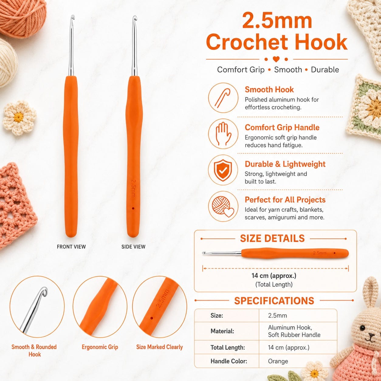 GENERIC 2.5 mm Crochet Hook with Soft Ergonomic Grip Handle – Pack of 10 Pieces, 14 cm