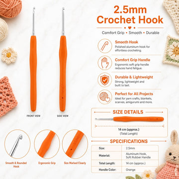 GENERIC 2.5 mm Crochet Hook with Soft Ergonomic Grip Handle – Pack of 10 Pieces, 14 cm