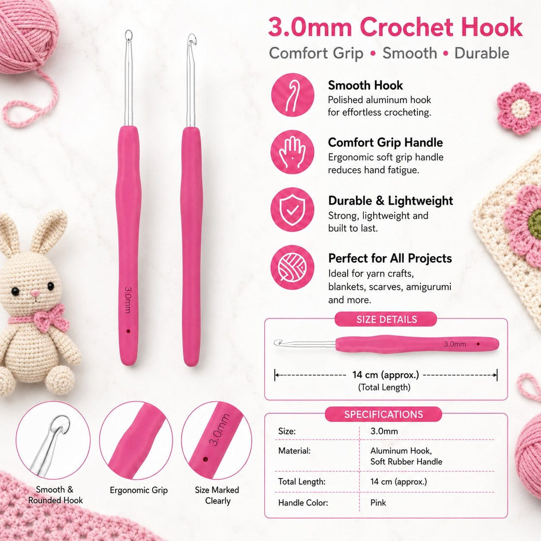 GENERIC 3.0 mm Crochet Hook with Soft Ergonomic Grip Handle – Pack of 10 Pieces, 14 cm