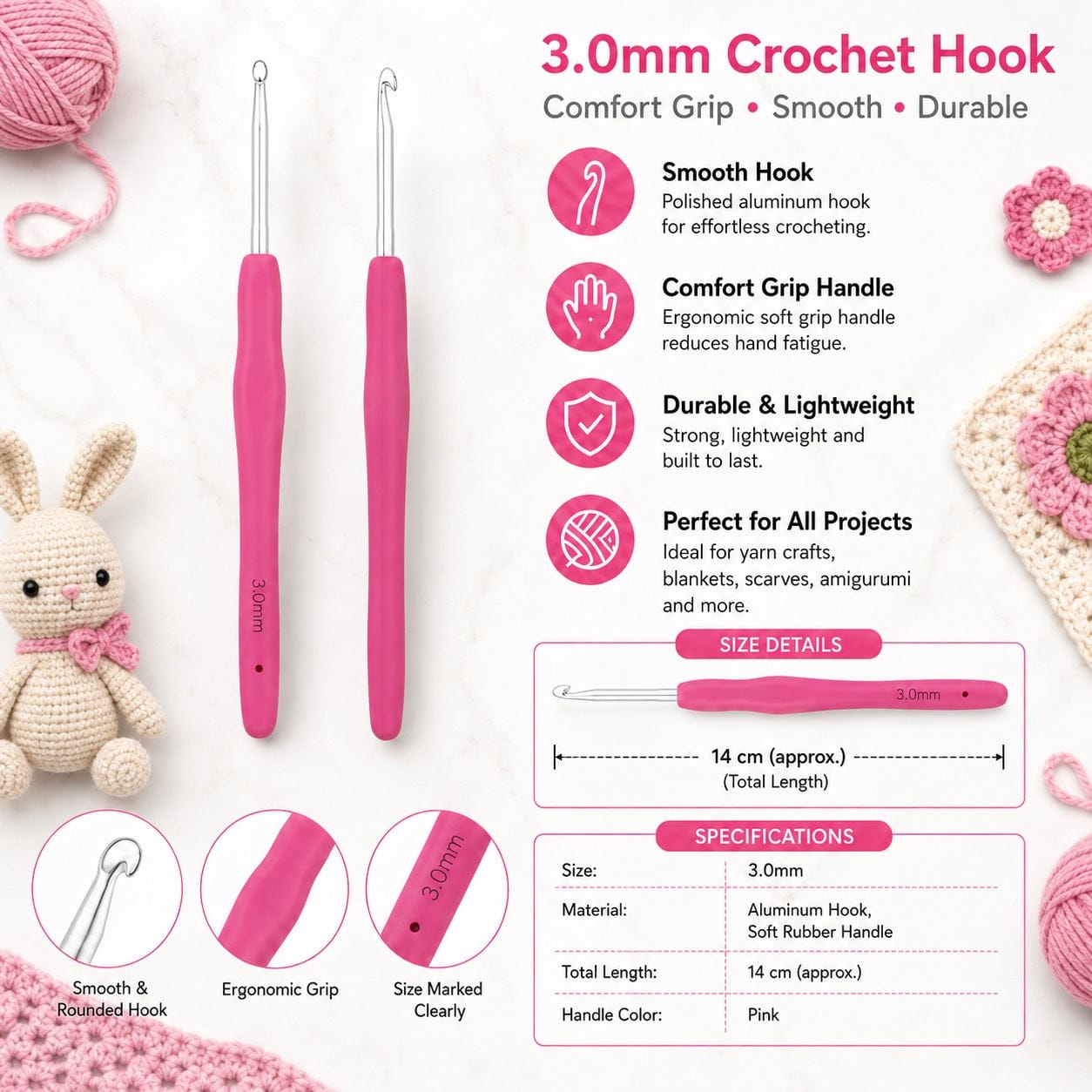 GENERIC 3.0 mm Crochet Hook with Soft Ergonomic Grip Handle – Pack of 10 Pieces, 14 cm