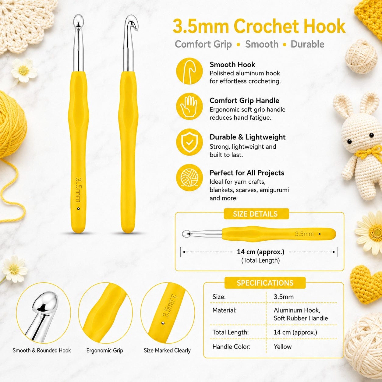 GENERIC 3.5 mm Crochet Hook with Soft Ergonomic Grip Handle – Pack of 10 Pieces, 14 cm