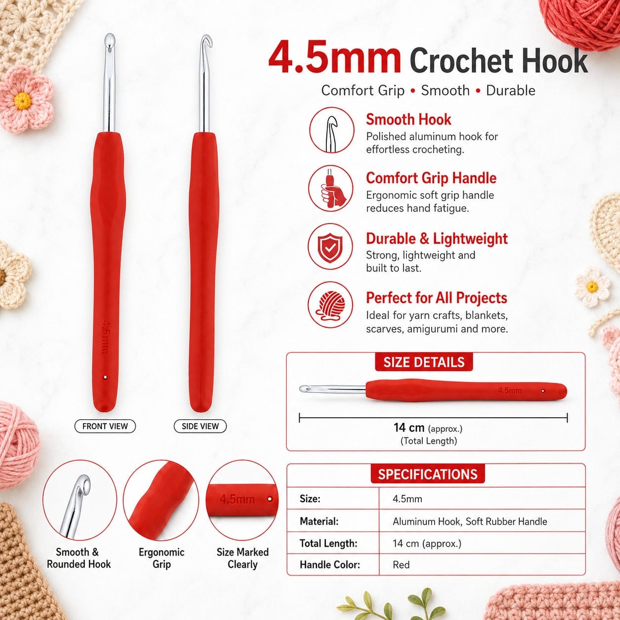 GENERIC 4.5 Mm Crochet Hook With Soft Ergonomic Grip Handle – 14 Cm
