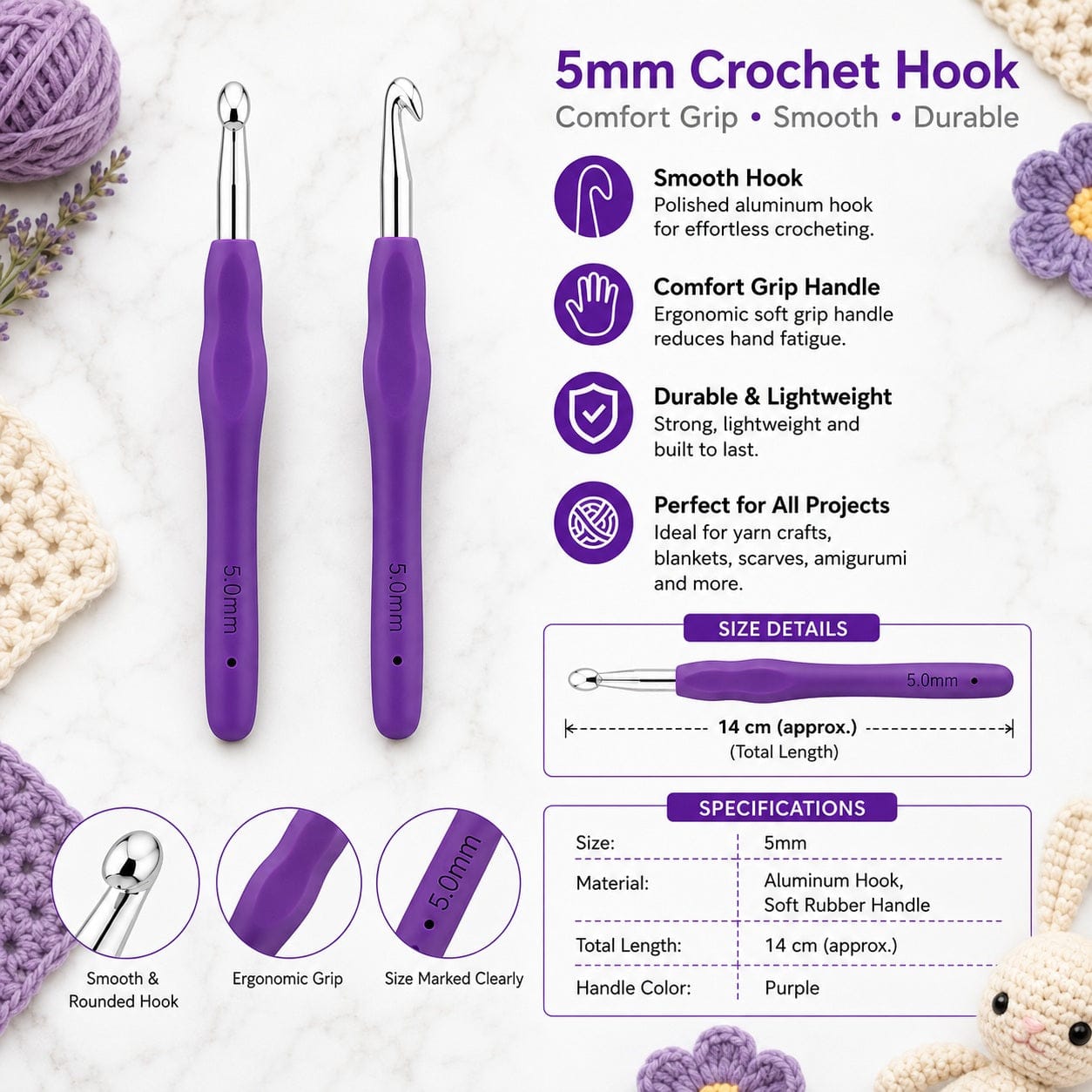 GENERIC 5.0 mm Crochet Hook with Soft Ergonomic Grip Handle – Pack of 10 Pieces, 14 cm