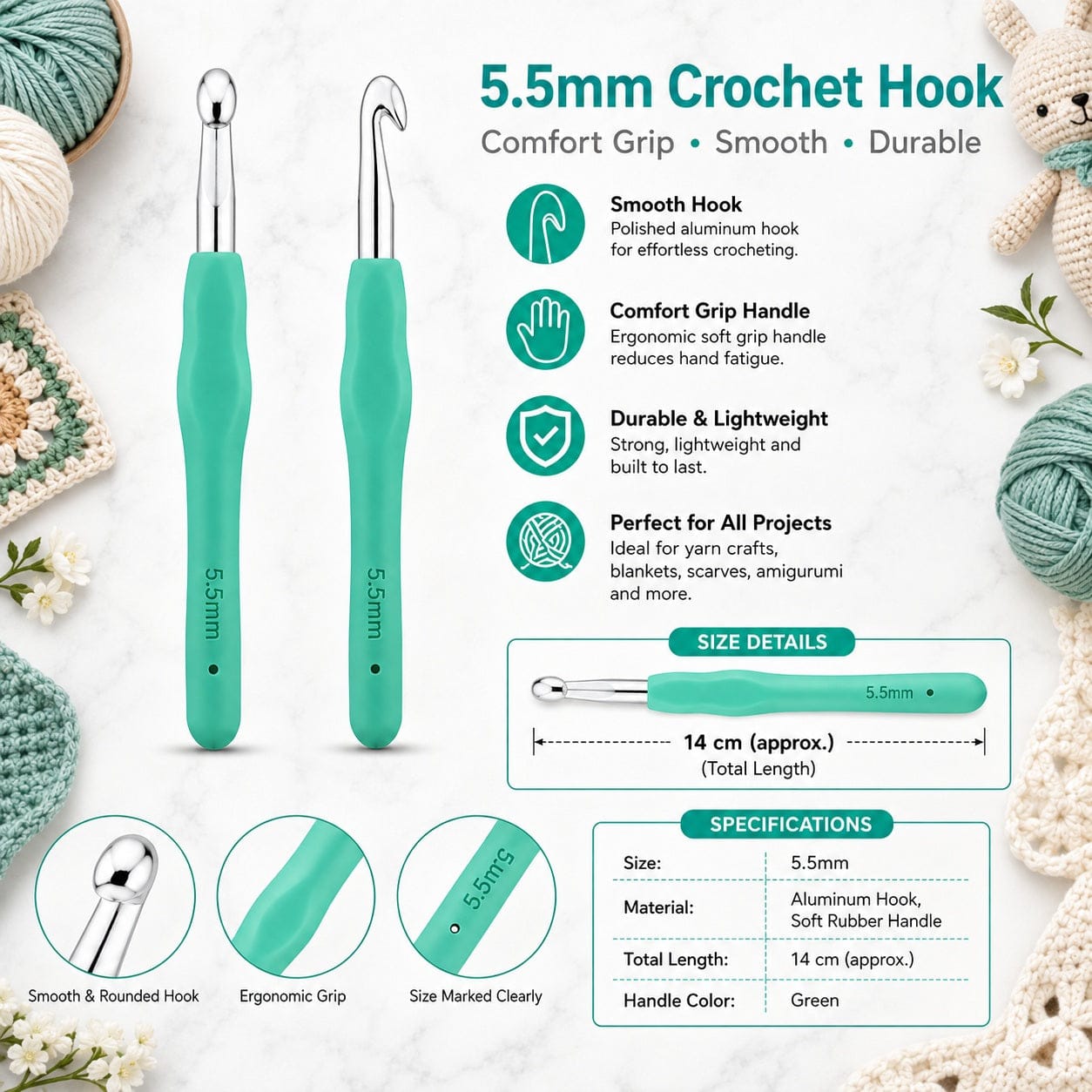 GENERIC 5.5 mm Crochet Hook with Soft Ergonomic Grip Handle – Pack of 10 Pieces, 14 cm