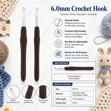 GENERIC 6.0 mm Crochet Hook with Soft Ergonomic Grip Handle – Pack of 10 Pieces, 14 cm