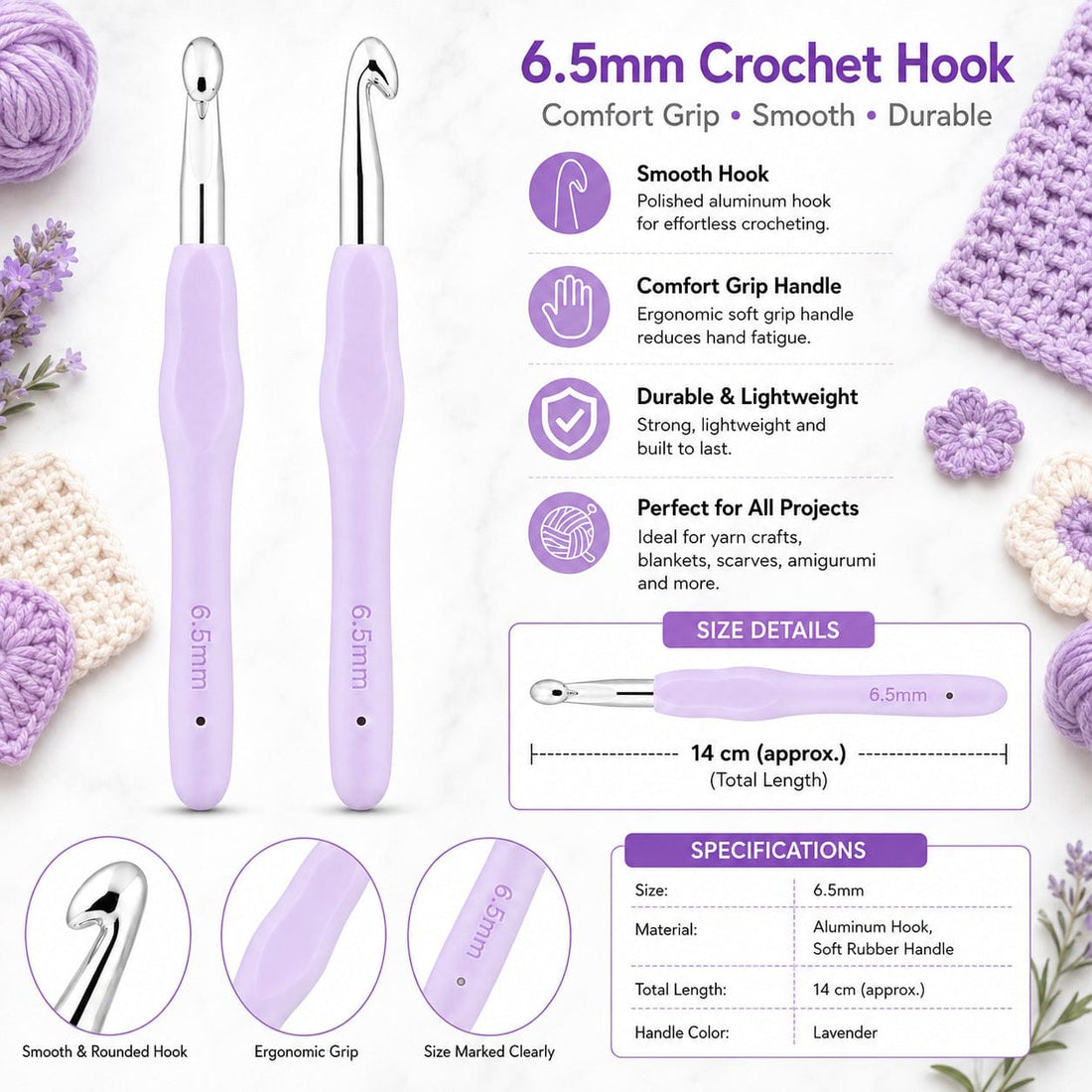 GENERIC 6.5 mm Crochet Hook with Soft Ergonomic Grip Handle – Set of 5 Pieces, 14 cm