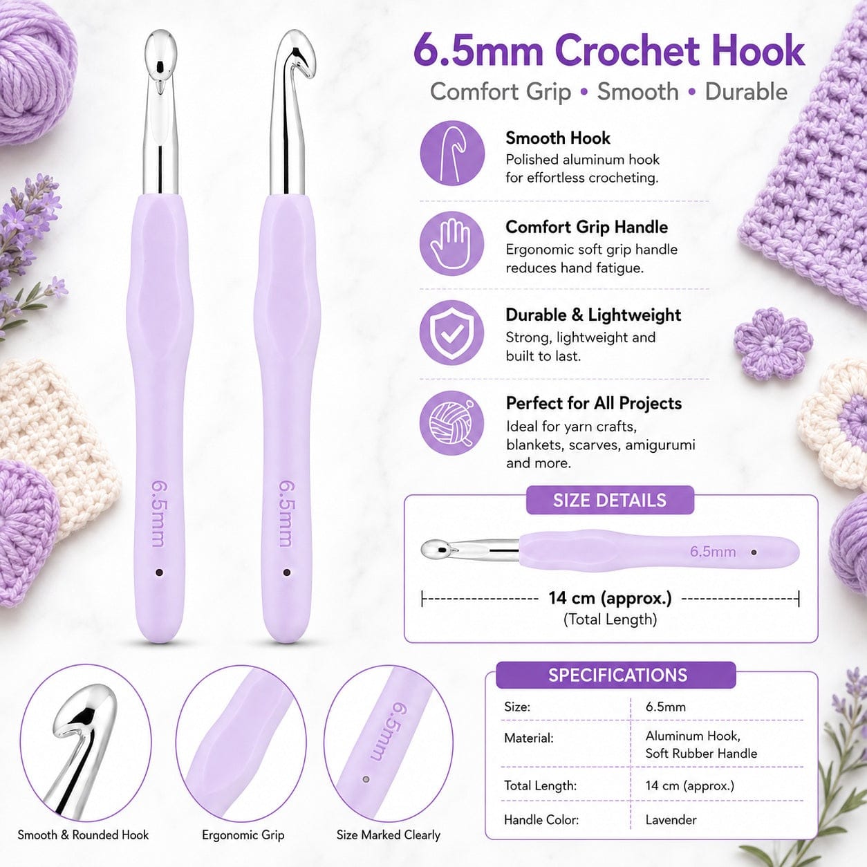 GENERIC 6.5 mm Crochet Hook with Soft Ergonomic Grip Handle – Set of 5 Pieces, 14 cm