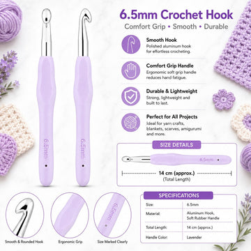 GENERIC 6.5 mm Crochet Hook with Soft Ergonomic Grip Handle – Set of 5 Pieces, 14 cm