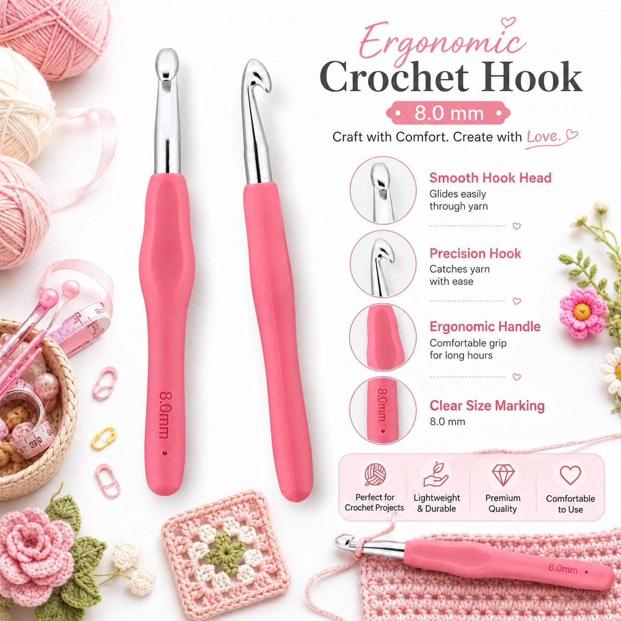 GENERIC 8.0 mm Crochet Hook with Soft Ergonomic Grip Handle – Set of 5 Pieces