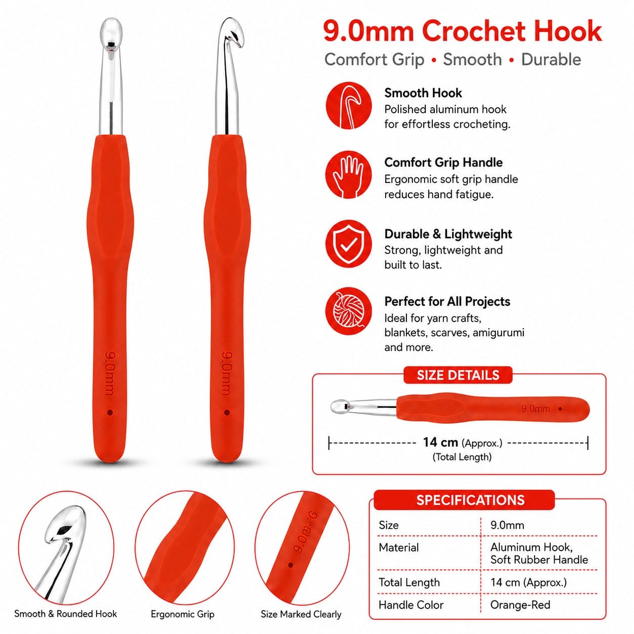 GENERIC 9.0 Mm Crochet Hook With Soft Ergonomic Grip Handle – Set Of 5 Pieces, 14 Cm