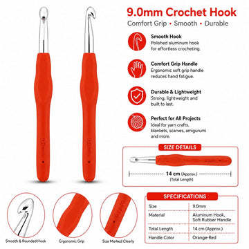 GENERIC 9.0 Mm Crochet Hook With Soft Ergonomic Grip Handle – Set Of 5 Pieces, 14 Cm