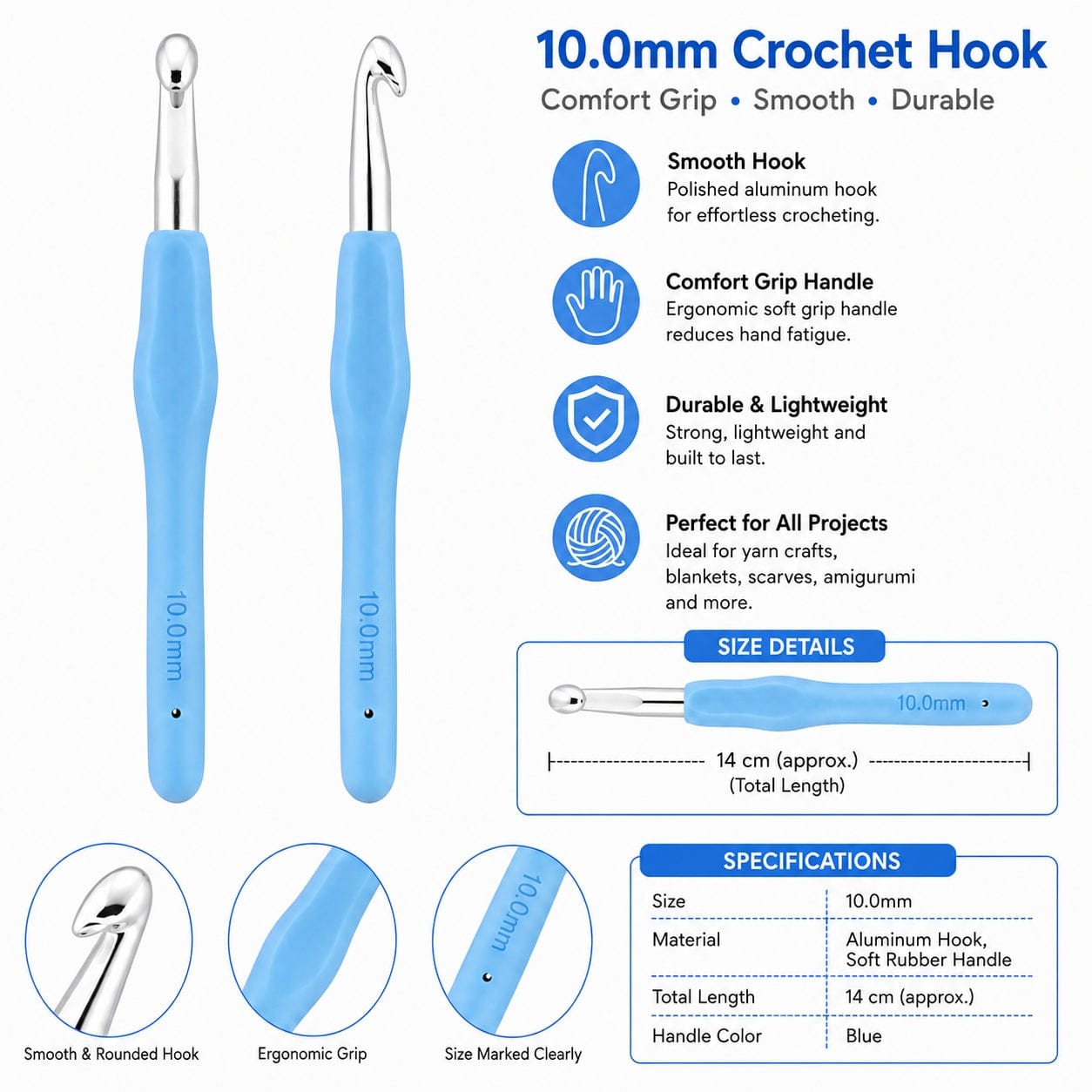 GENERIC 10.0 mm Crochet Hook with Soft Ergonomic Grip Handle – Pack of 5 Pieces, 14 cm