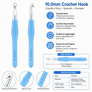 GENERIC 10.0 mm Crochet Hook with Soft Ergonomic Grip Handle – Pack of 5 Pieces, 14 cm