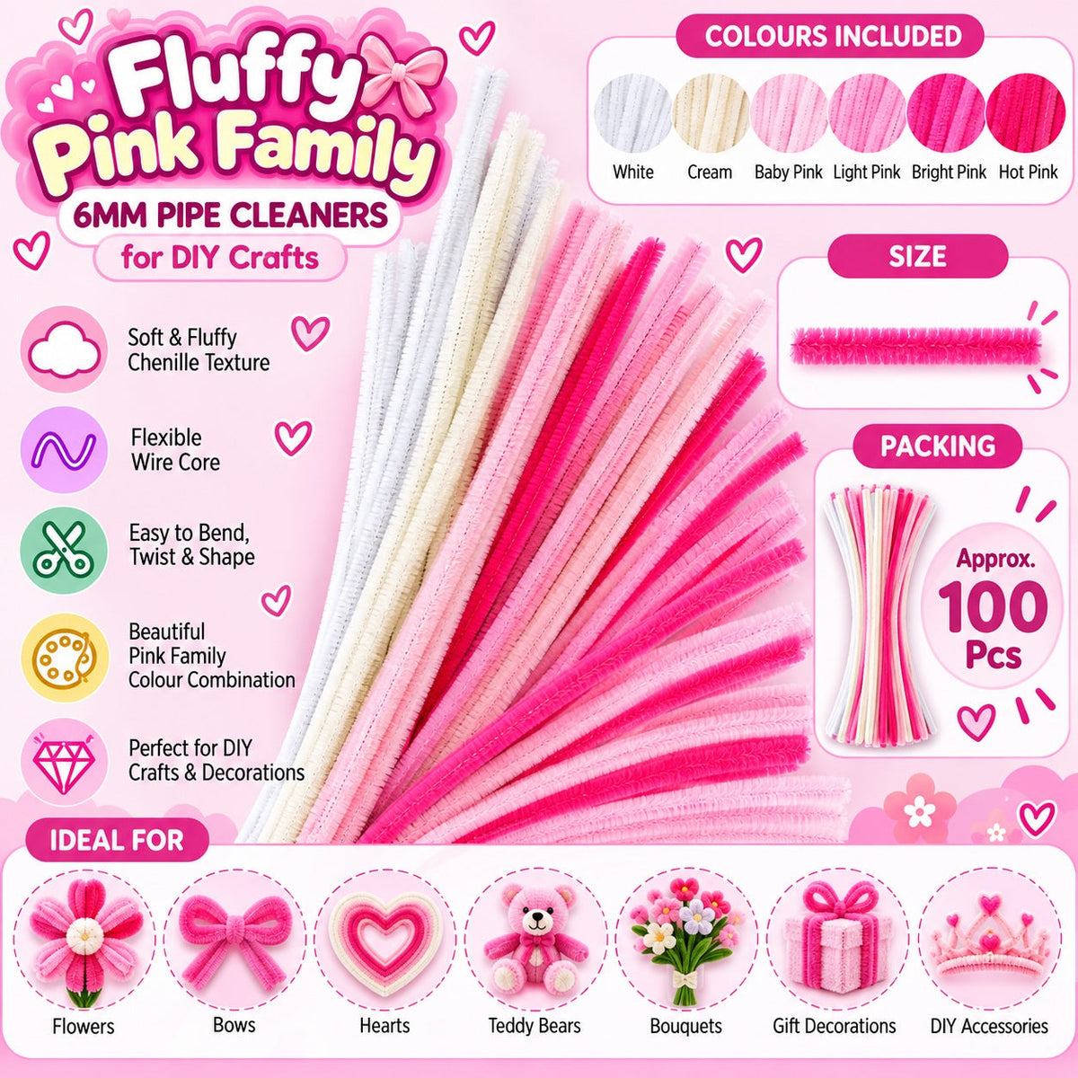 Fluffy Pink Family Mix 6MM Pipe Cleaners for DIY Crafts – White, Cream, Baby Pink & Hot Pink | Approx. 100 Pcs