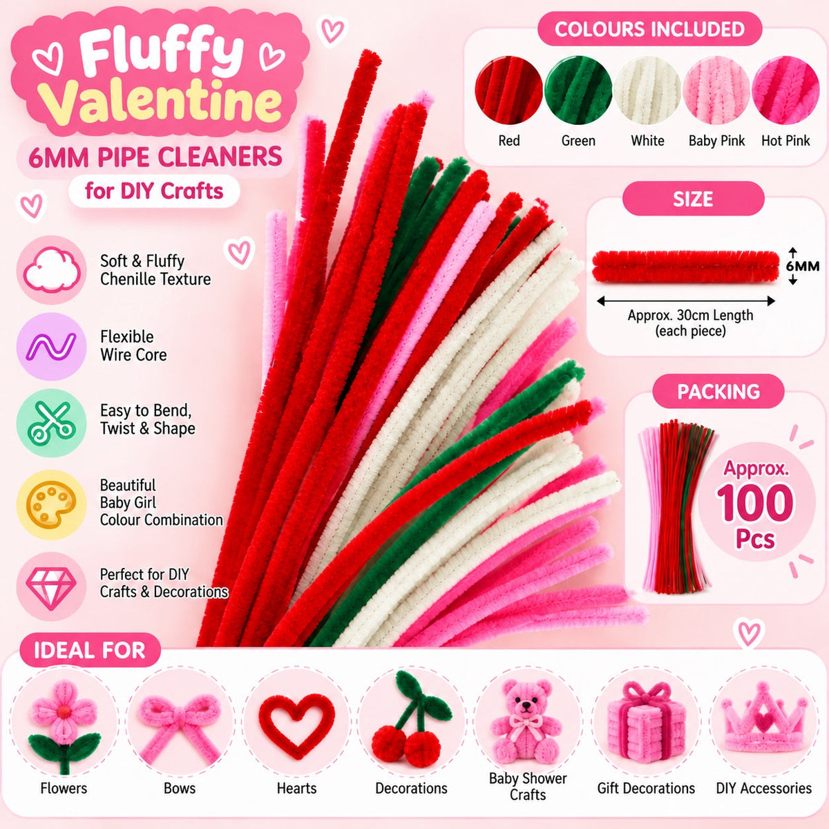 Fluffy Valentine Theme 6MM Pipe Cleaners for DIY Crafts – Red, Pink, White & Green | Approx. 100 Pcs