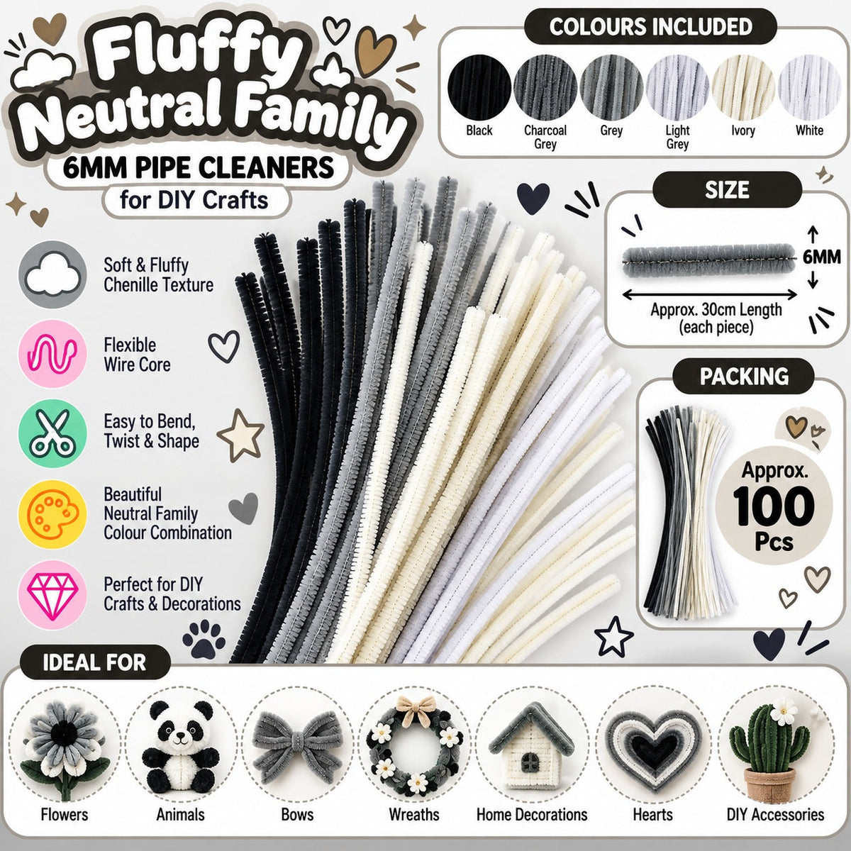 Fluffy Neutral Family Mix 6MM Pipe Cleaners for DIY Crafts – Black, Grey, White & Cream | Approx. 100 Pcs