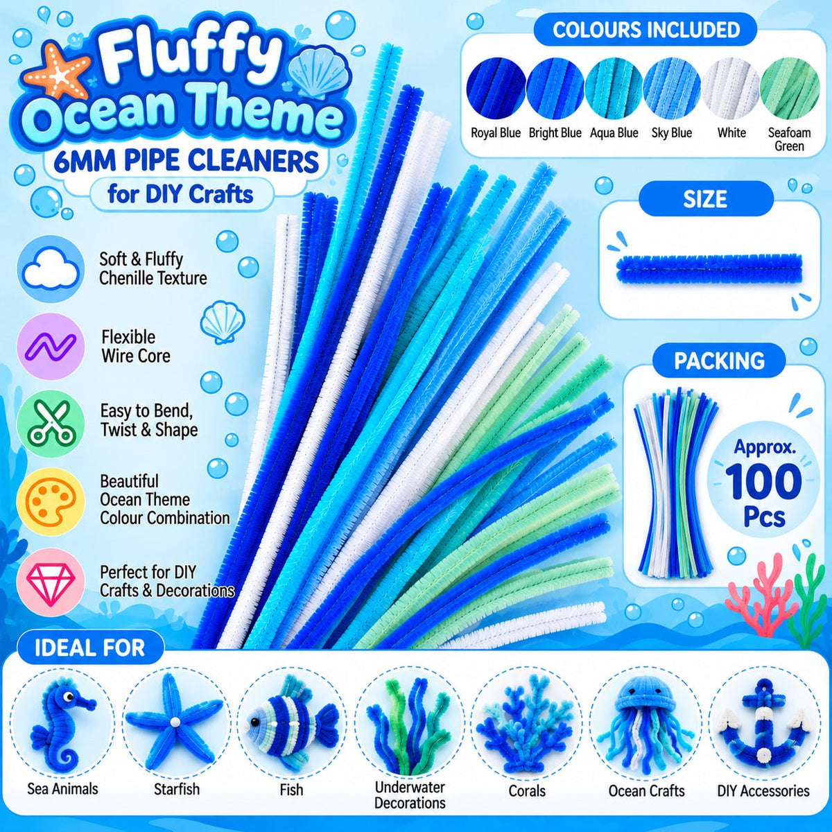 Fluffy Ocean Theme Mix 6MM Pipe Cleaners for DIY Crafts – Royal Blue, Aqua Blue, White & Mint Green | Approx. 100 Pcs