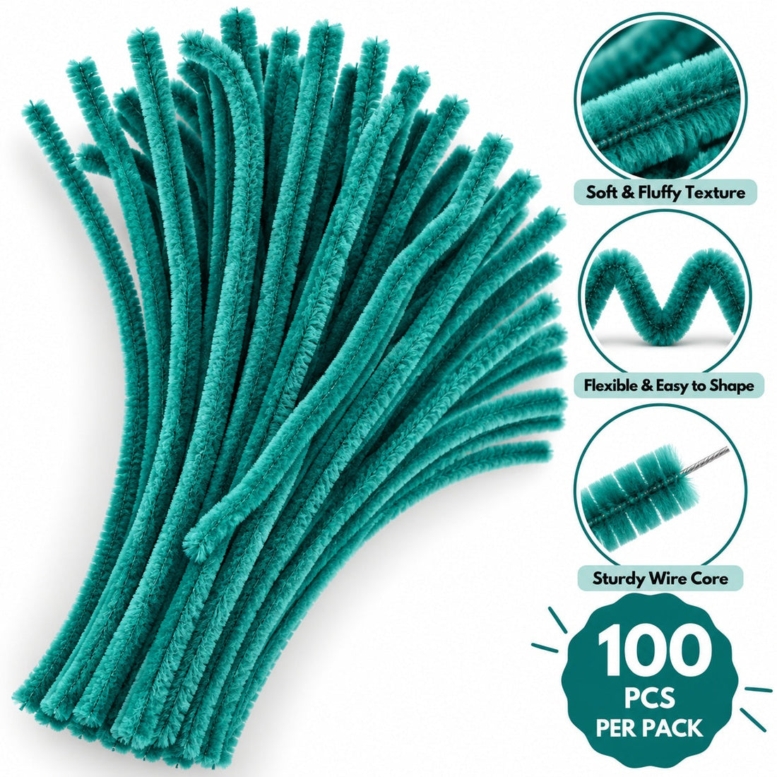 Teal Green Chenille Pipe Cleaners 10MM – Pack of 100 Pcs