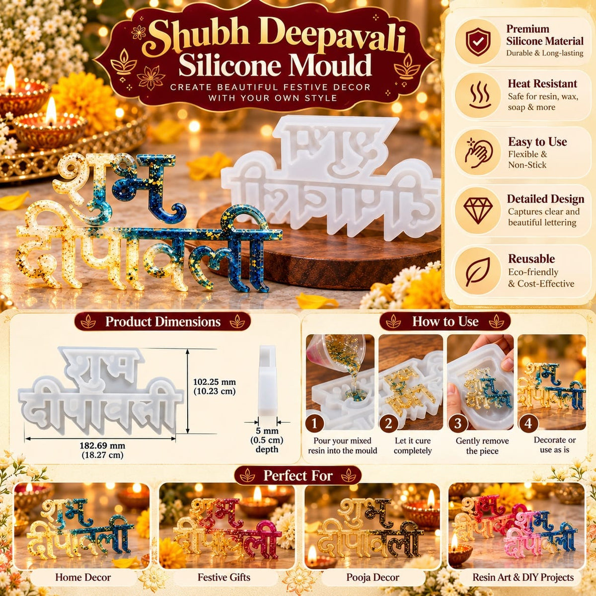 Shubh Deepavali Hindi Text Silicone Mould – 18.27 × 10.23 CM | Festive Resin Casting Mould