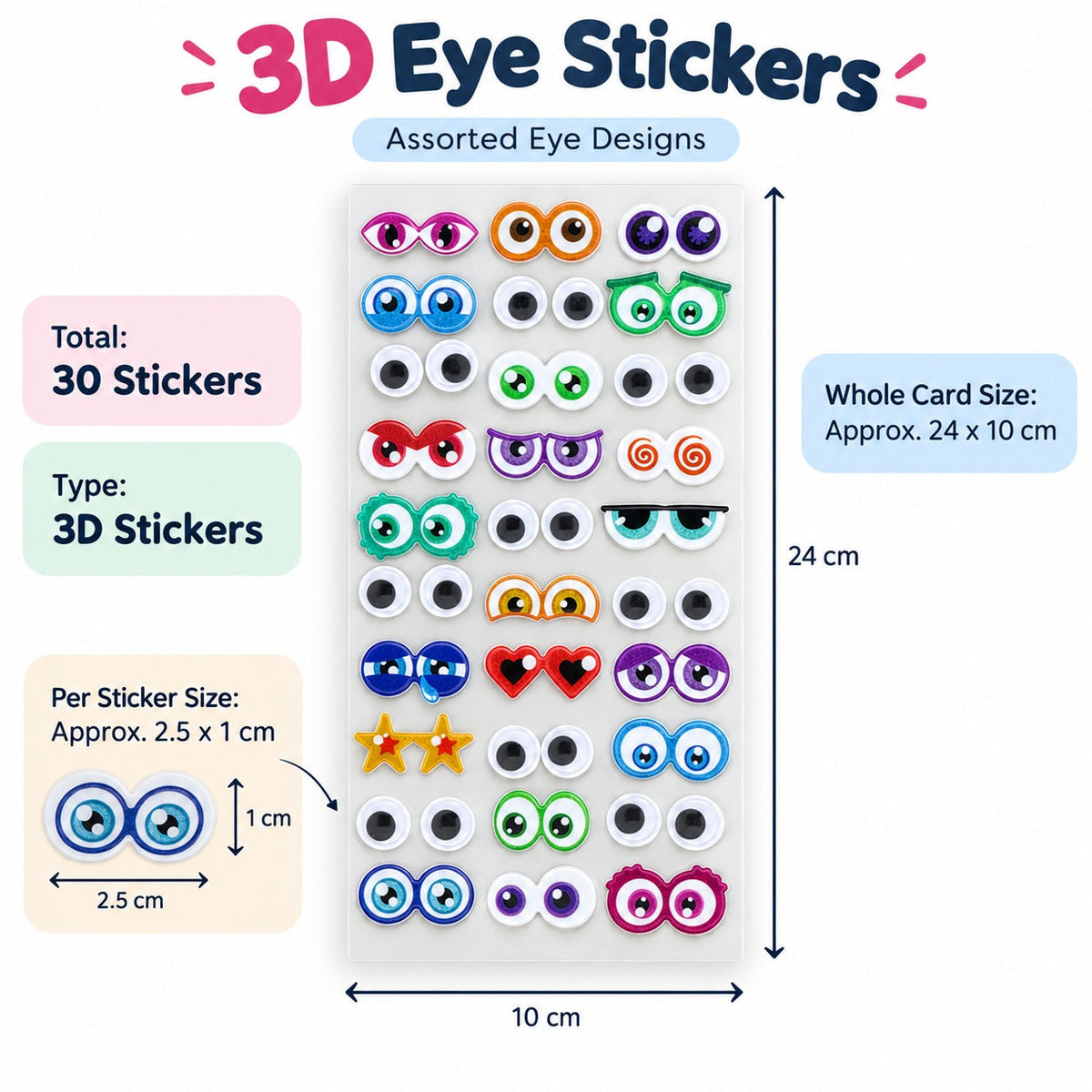 3D Eye Stickers – Assorted Multicolour Designs | 30 Sticker Piece