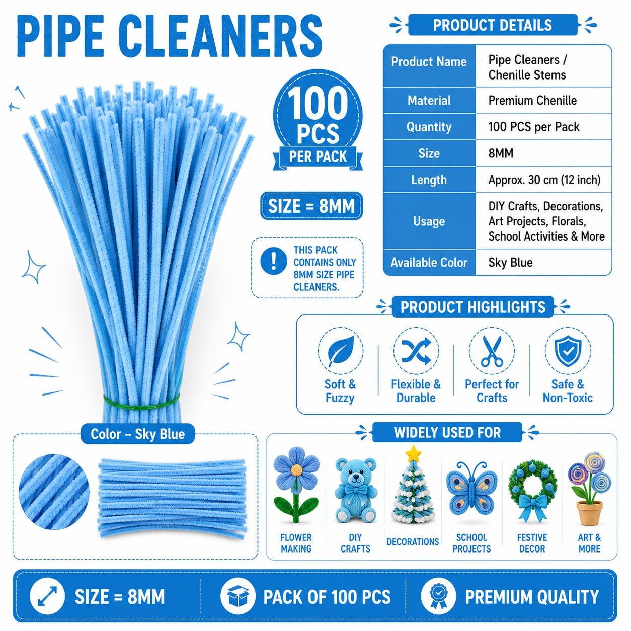 Premium Pipe Cleaners (8MM Approx.) (Charcoal Grey)