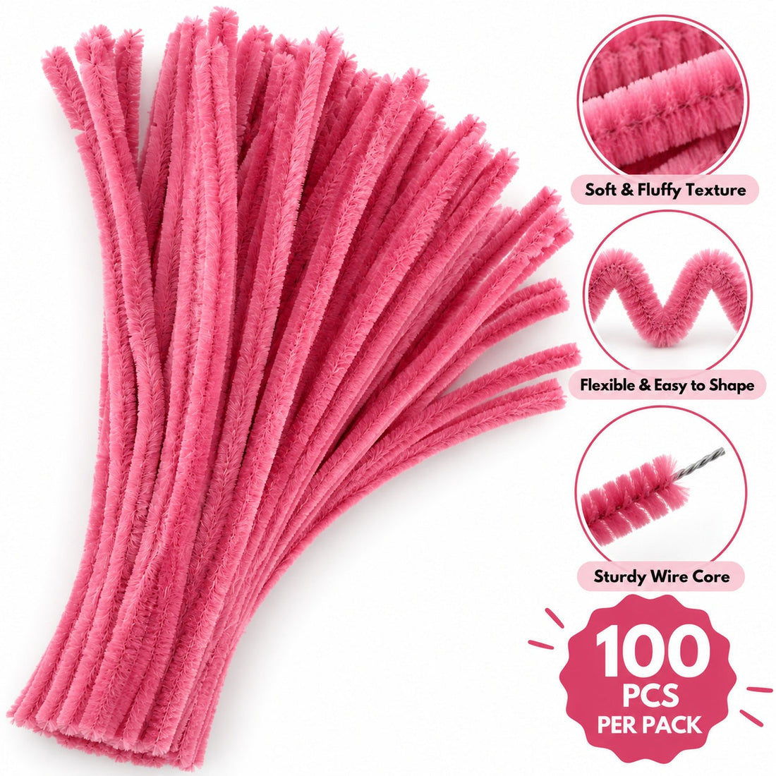 Rose Pink Chenille Pipe Cleaners 10MM – Rose Pink  Pack of 100 Pcs