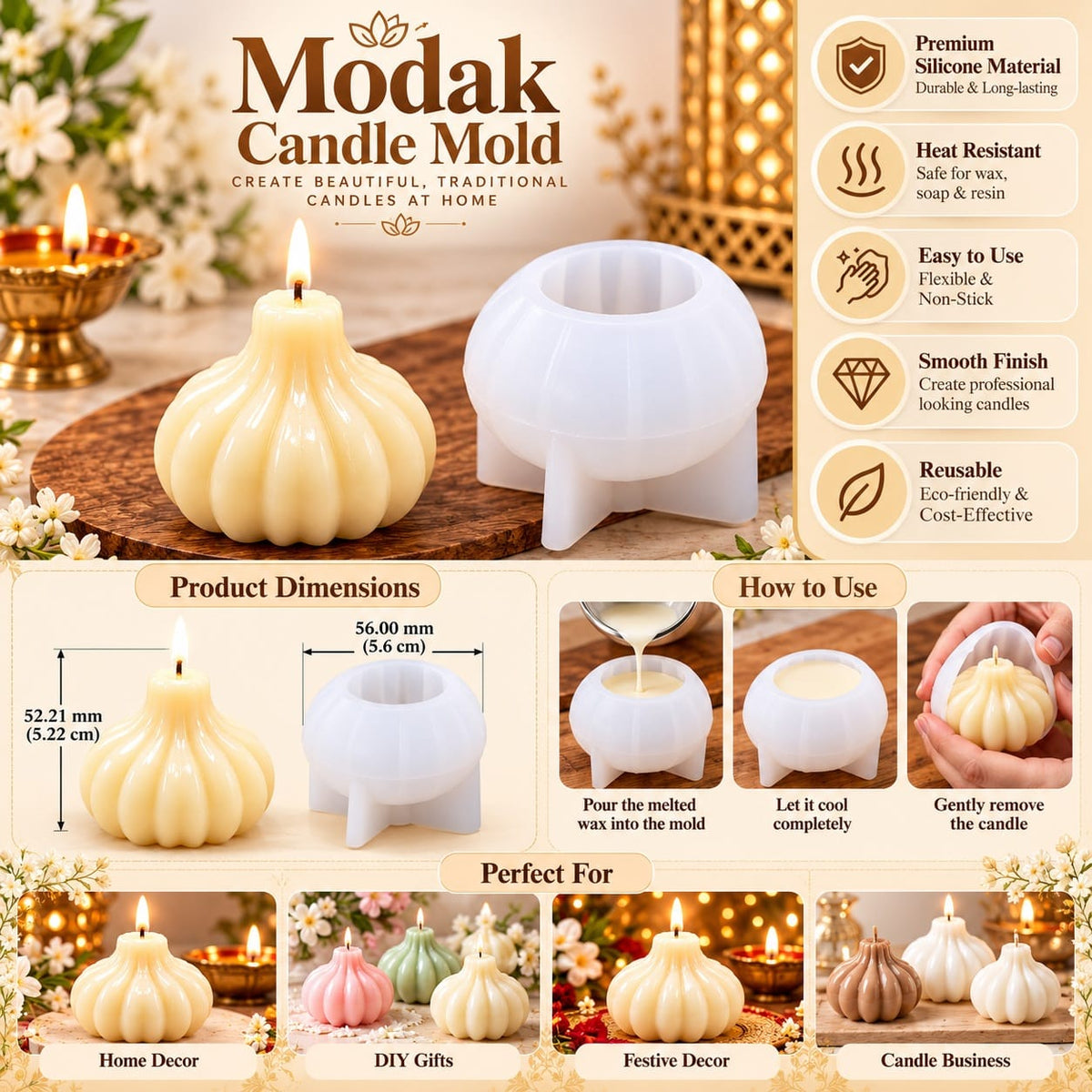 Modak Shape Silicone Candle Mould – 5.6 CM | Traditional Modak Design for Candle Making