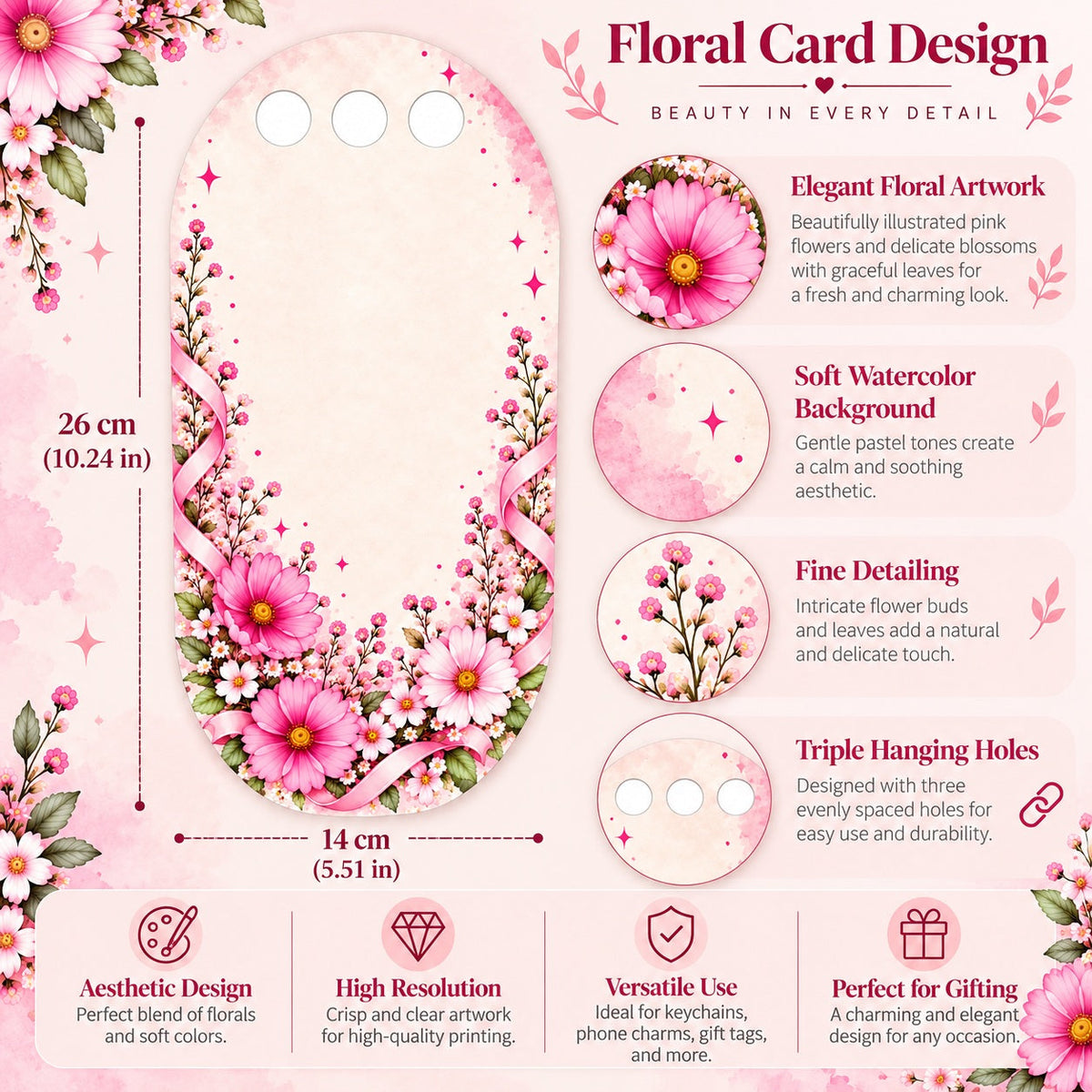 Enchanted Pink Daisy Printed Flower Card with Triple Hanging Holes for DIY Bouquets & Gift Packaging