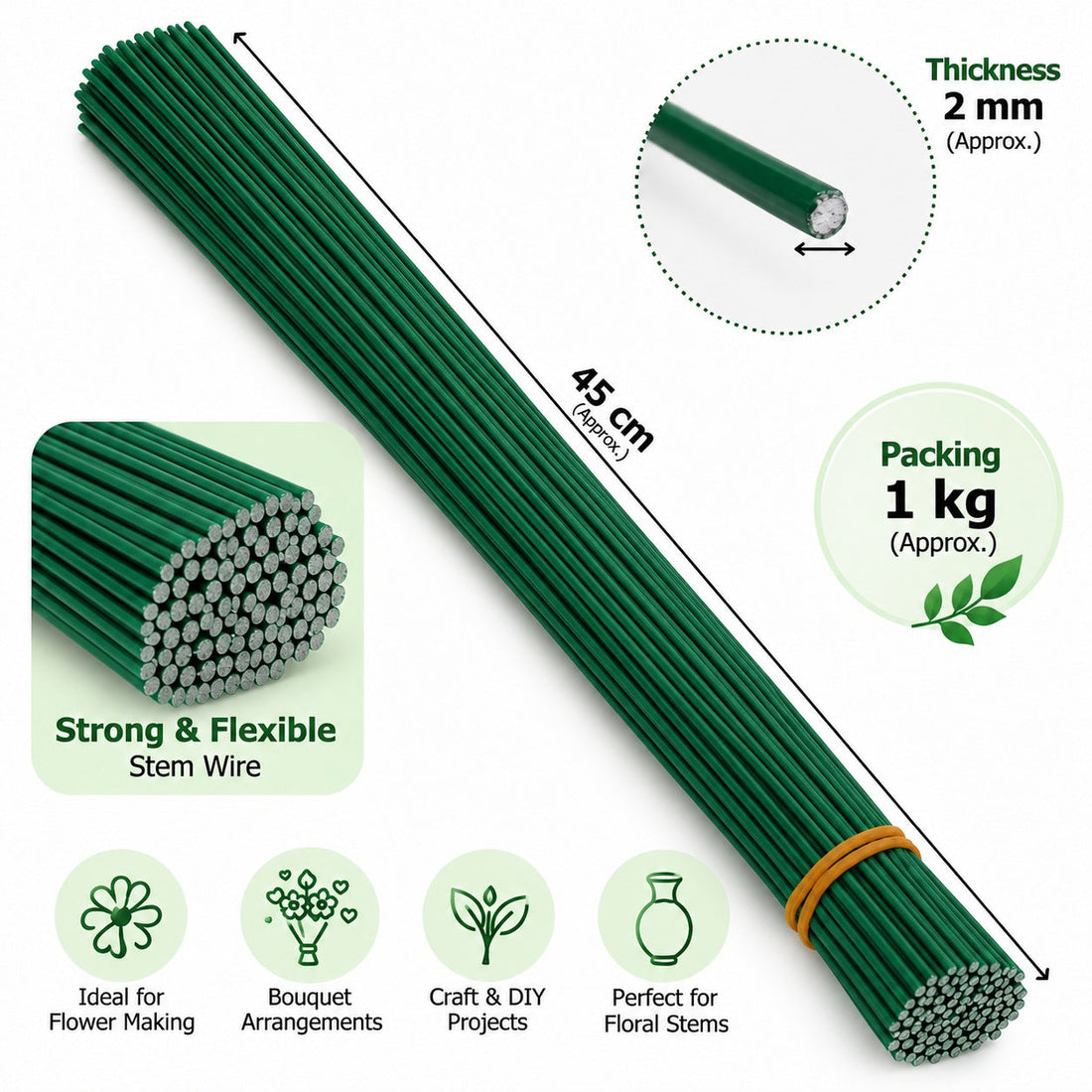 Green Floral Stem Wire for Flower Making & DIY Crafts – 45cm × 2mm (1kg Pack)