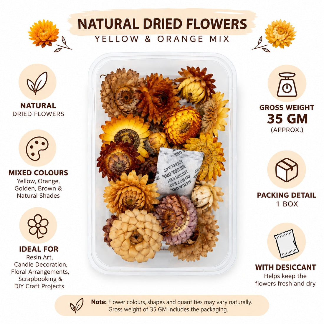 Natural Dried Straw Flowers Yellow & Orange Mix for Resin Art, Candle Decoration, Floral Arrangements & DIY Crafts
