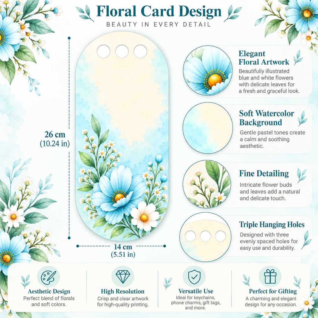Pastel Daisy Garden Printed Flower Card with Triple Hanging Holes for DIY Bouquets & Gift Packaging