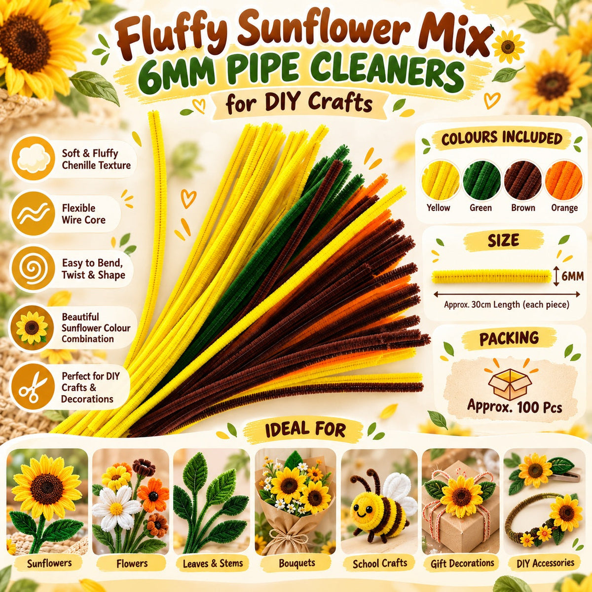 Fluffy Sunflower Mix 6MM Pipe Cleaners for DIY Crafts – Yellow, Green, Brown & Orange | Approx. 100 Pcs