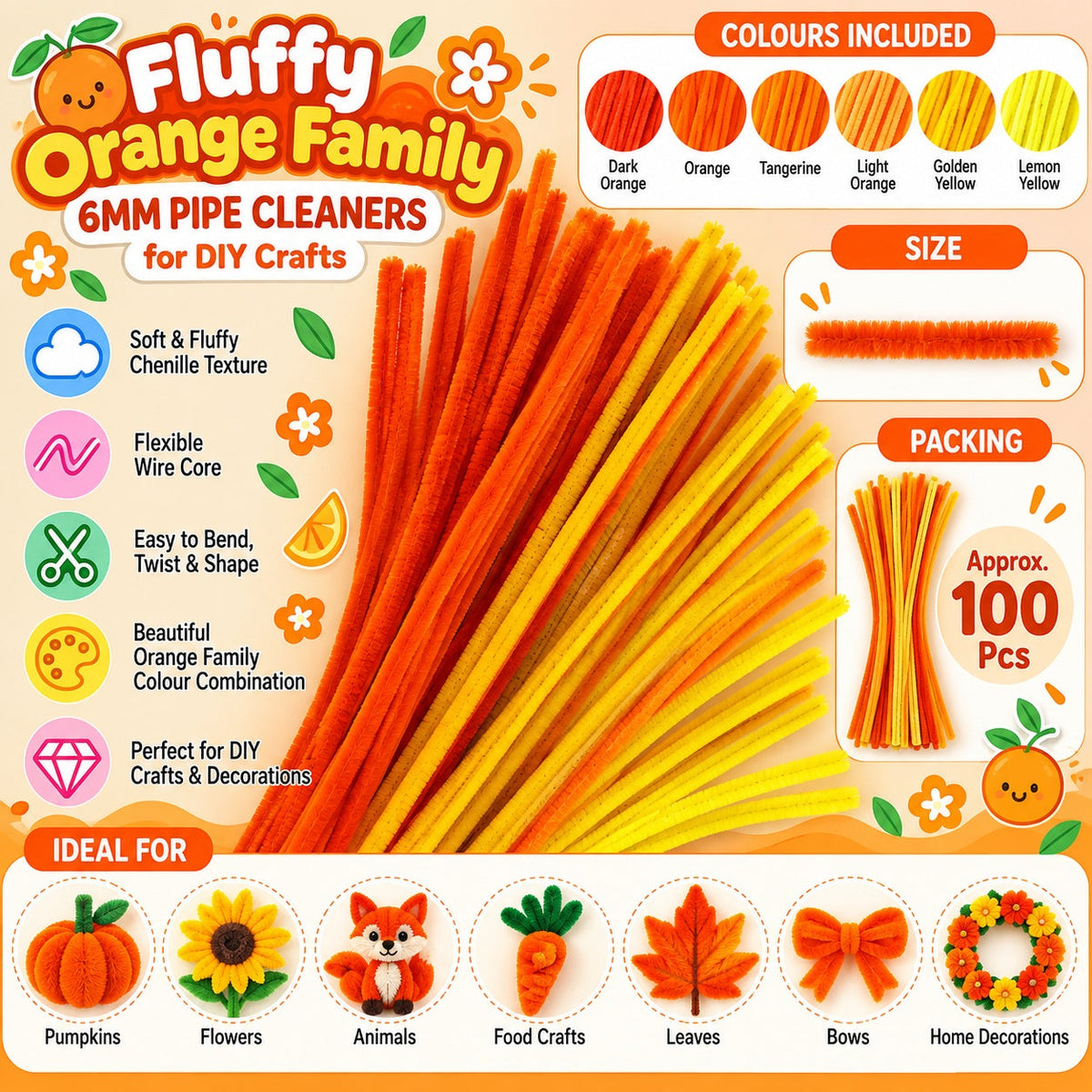 Fluffy Orange Family Mix 6MM Pipe Cleaners for DIY Crafts – Orange, Yellow & Golden Yellow | Approx. 100 Pcs