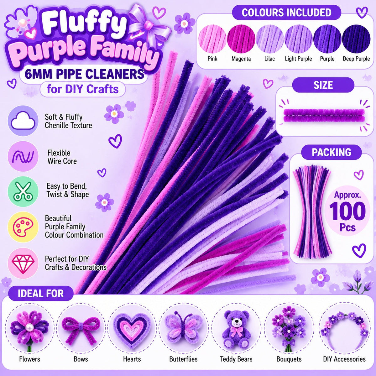 Fluffy Purple Family Mix 6MM Pipe Cleaners for DIY Crafts – Dark Purple, Lavender, Pink, Magenta & White | Approx. 100 Pcs