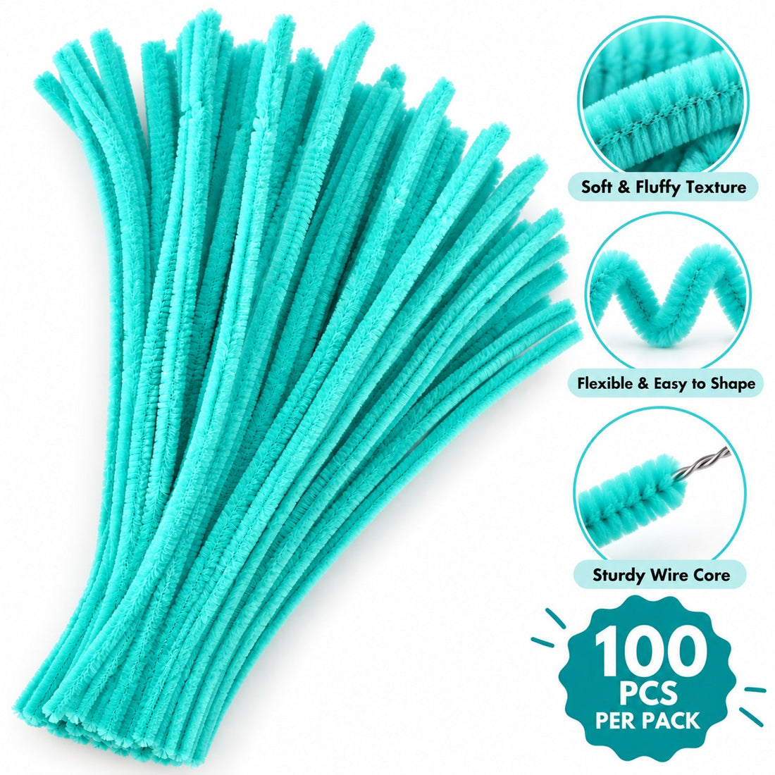 Turquoise Chenille Pipe Cleaners 10MM –  Pack of 100 Pcs