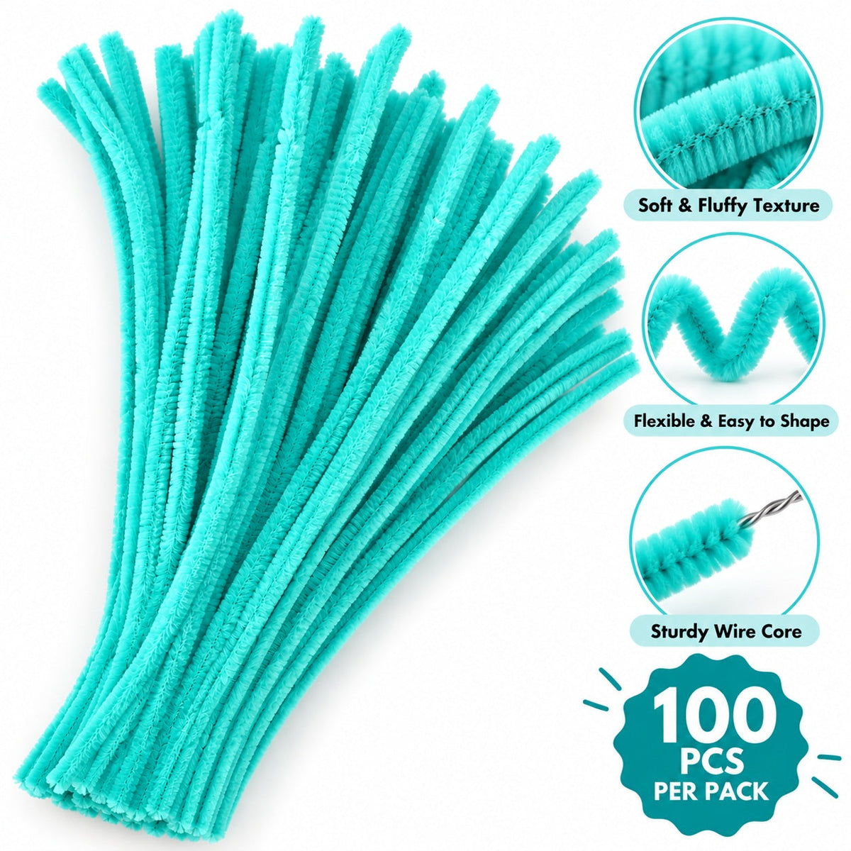 Turquoise Chenille Pipe Cleaners 10MM –  Pack of 100 Pcs