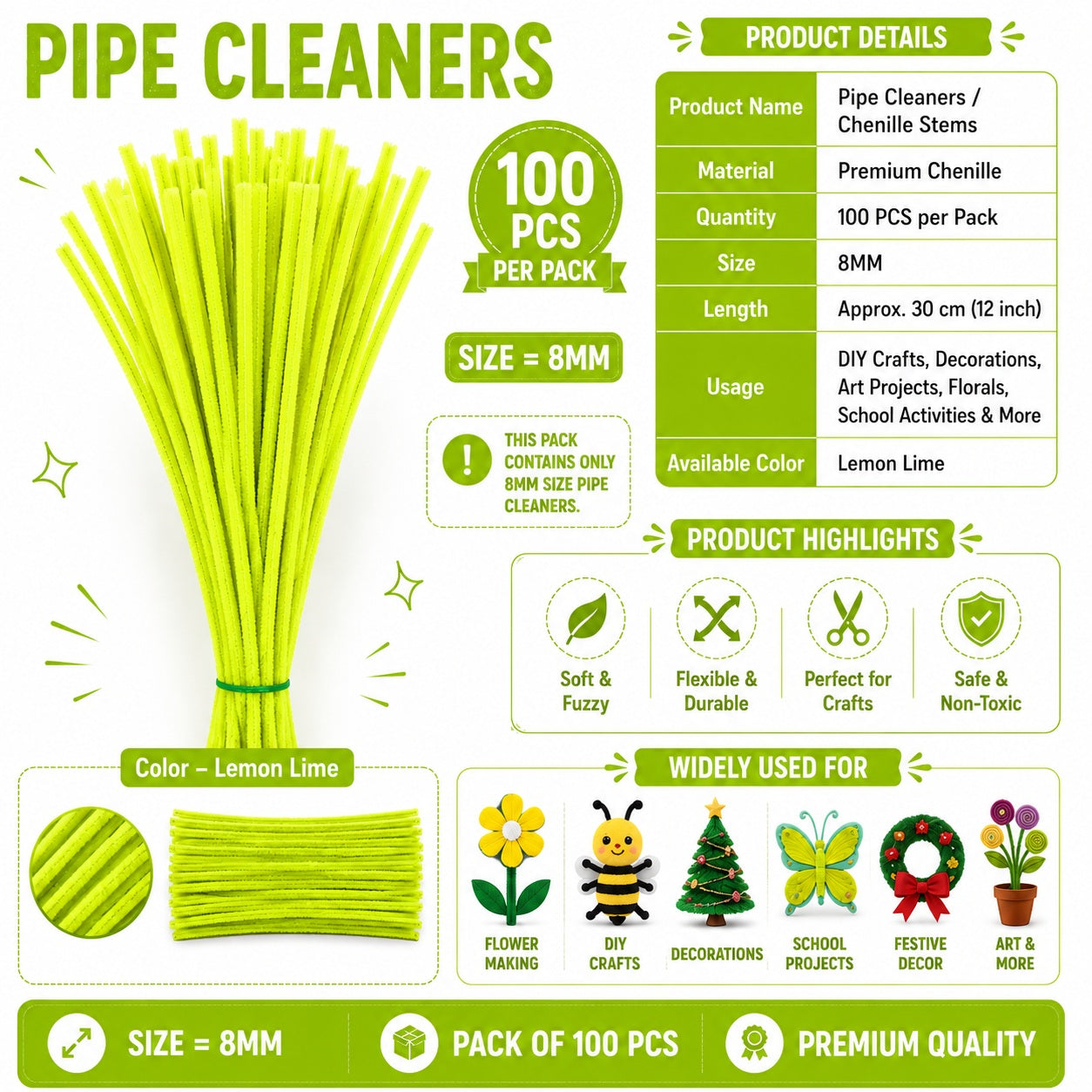 Premium Pipe Cleaners (8MM Approx.) (Spring Rain Green)