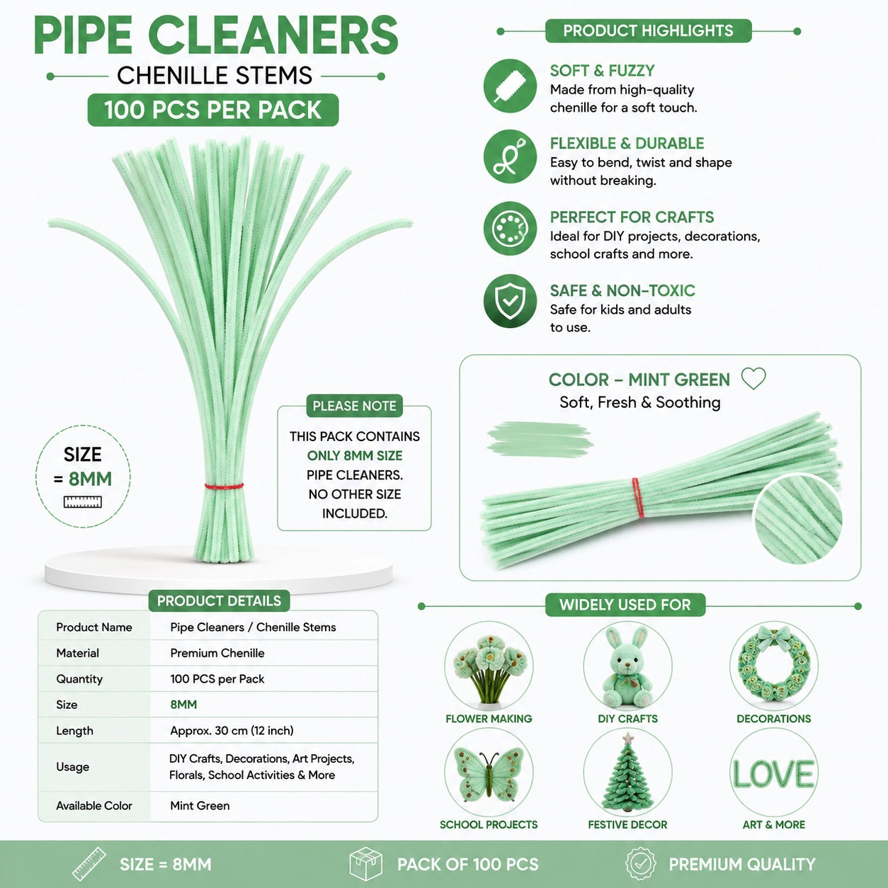 Premium Pipe Cleaners (8MM Approx.) (Capri Green)