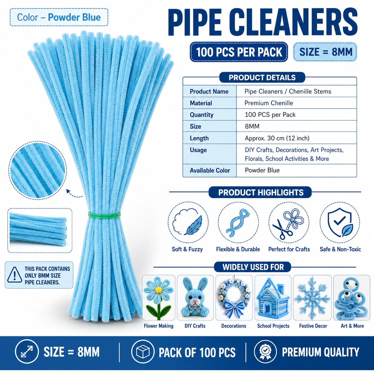 Premium Pipe Cleaners (8MM Approx.) (Chiffon White)
