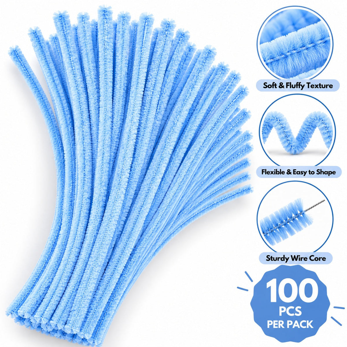 Pastel Blue Chenille Pipe Cleaners 10MM – Pack of 100 Pcs