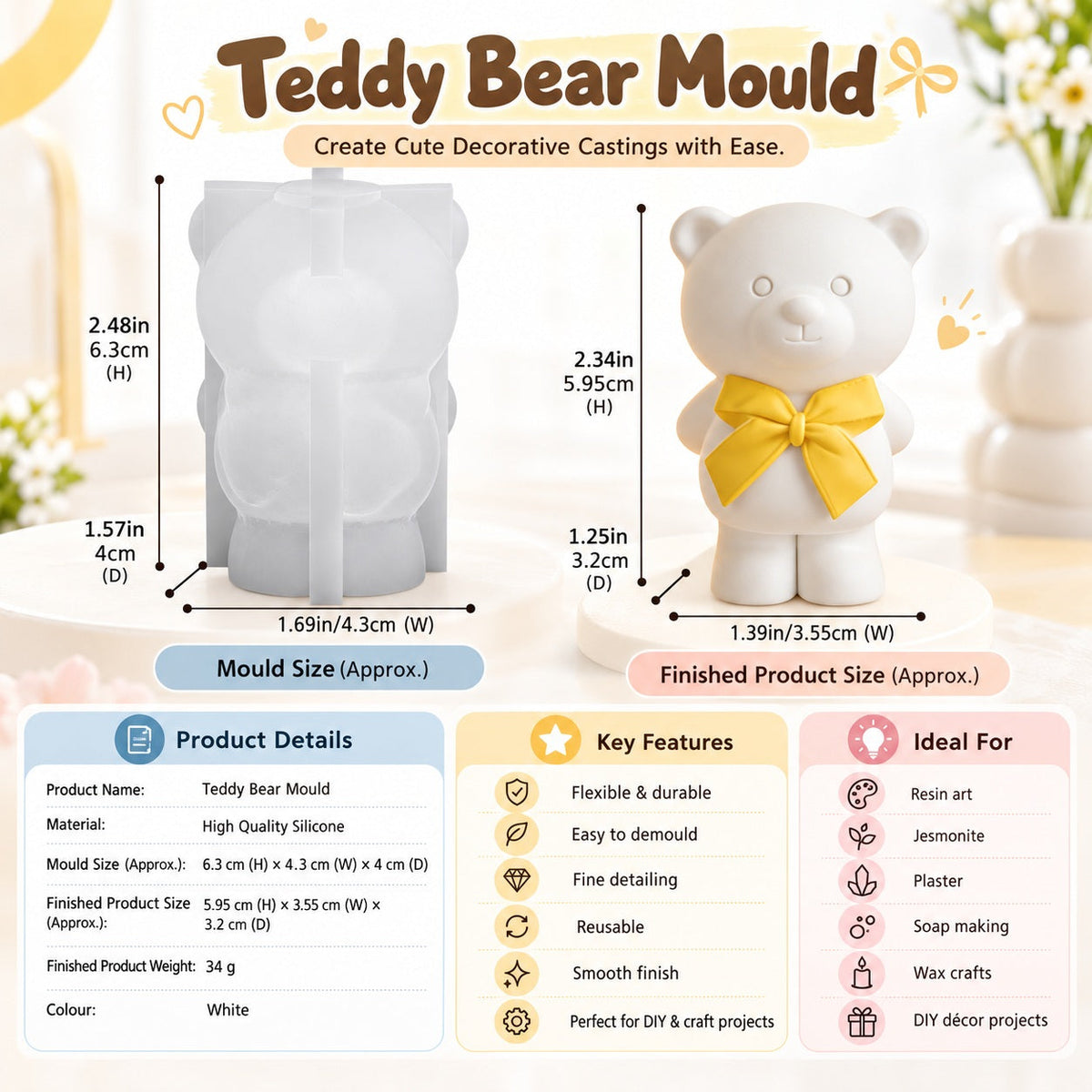 3D Cute Teddy Bear with Bow Silicone Mould – Standing Bear Figurine Mould