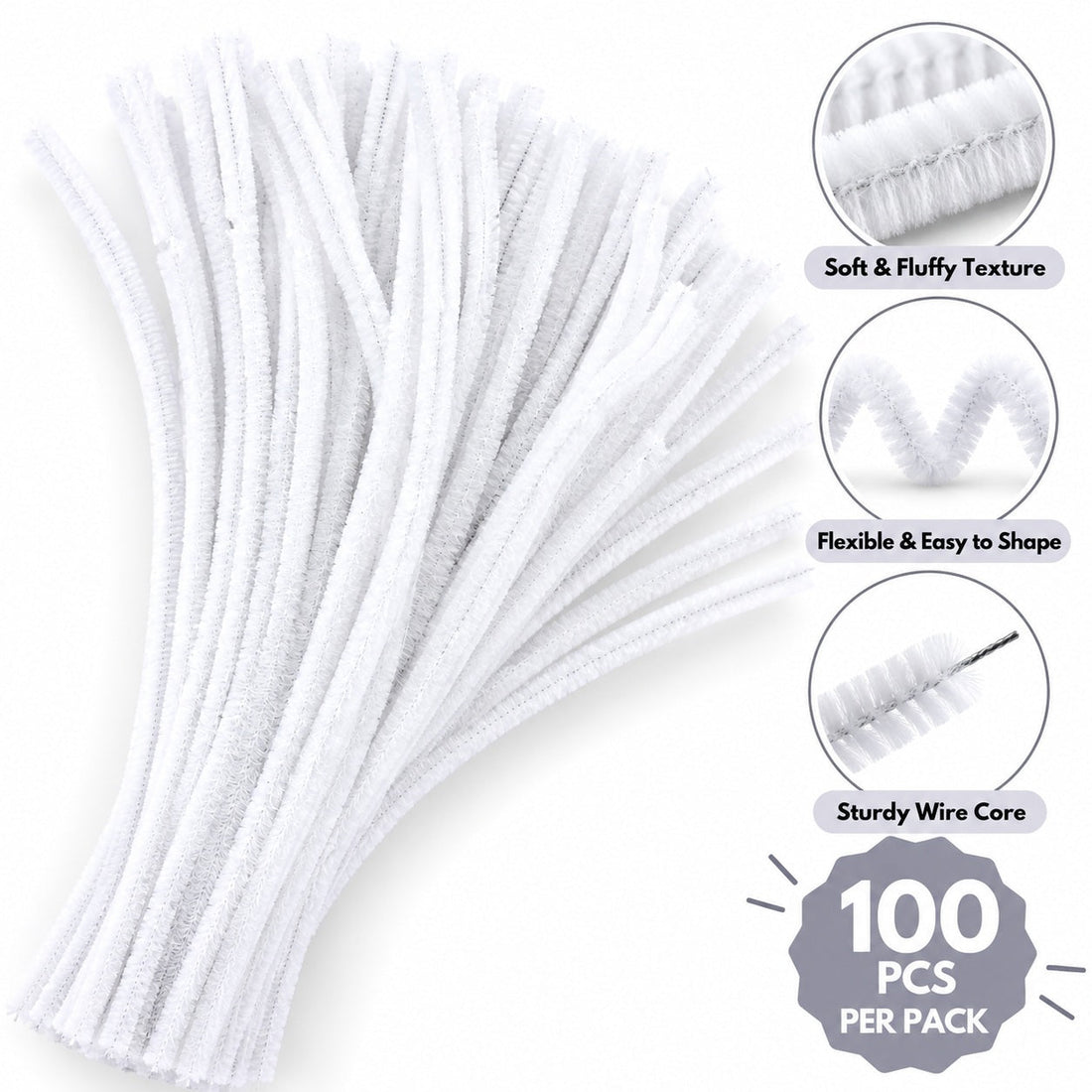 White Chenille Pipe Cleaners 10MM – Pack of 100 Pcs