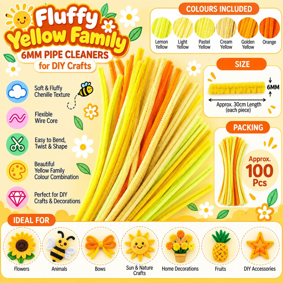 Fluffy Yellow Family Mix 6MM Pipe Cleaners for DIY Crafts – Yellow, Lemon Yellow, Cream & Orange | Approx. 100 Pcs